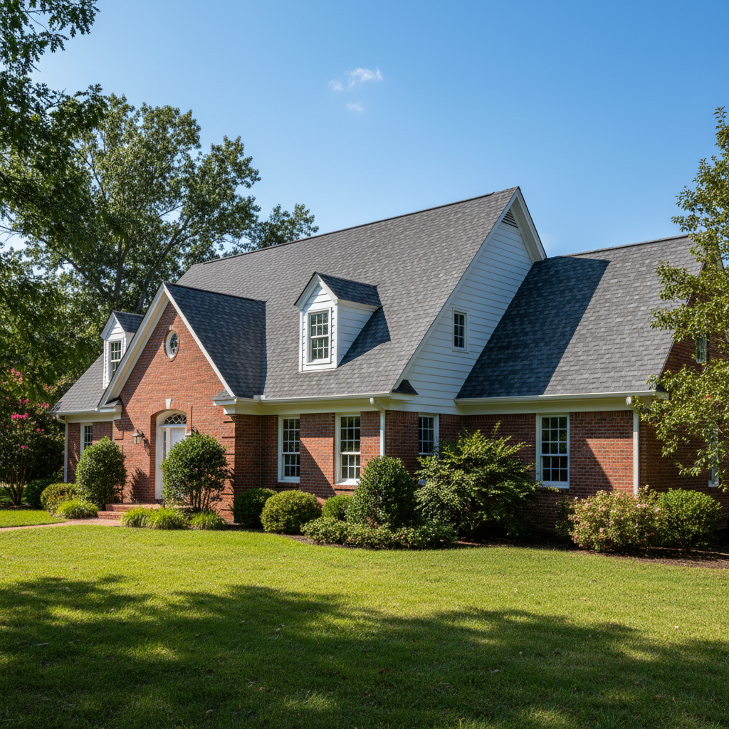 Colonial style home with new brown architectural asphalt shingle roof installation in Michigan