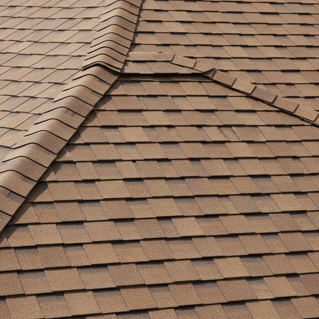 Close-up of GAF Timberline HDZ architectural shingles showing texture and weathered wood color