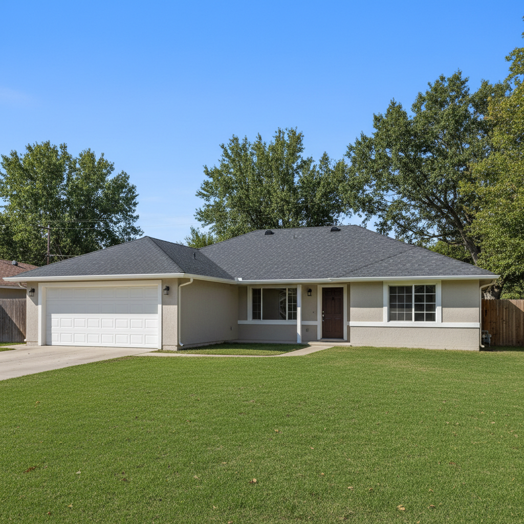 Ranch style home with completed asphalt shingle roof replacement in Southwest Michigan